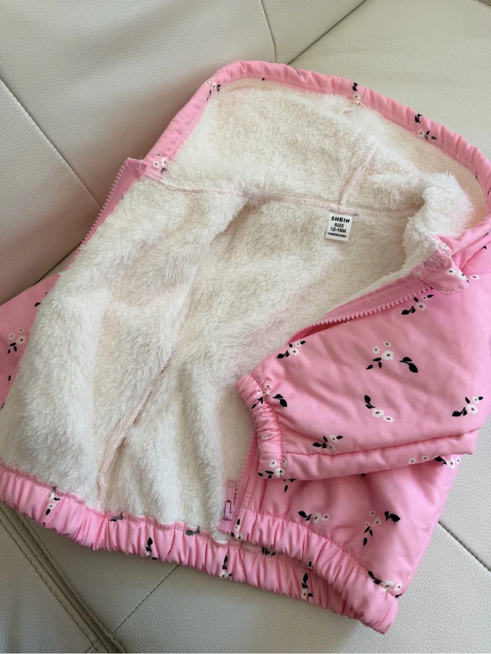 Pink Floral Teddy-Lined Jacket | 12–18M | Brand New | Cozy Hooded Coat